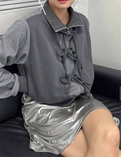 Exclusive type 韩国个性设计蝴蝶结绑带假两件拉链立领短款卫衣