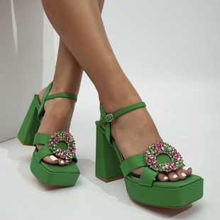 欧美外贸法式粗高跟厚底水钻彩色凉鞋女Lazada Women Sandals