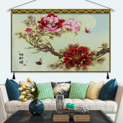 中式挂画布艺牡丹家和万事兴挂毯客厅装饰画横版电视柜墙画布画