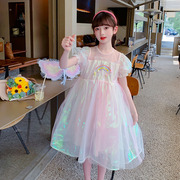女童绚丽公主裙夏季泡泡袖，彩虹渐变礼服，连衣裙儿童演出裙表演服