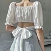 韩国chic夏季减龄设计感上衣，方领泡泡袖后背收腰系带蝴蝶结衬衫女