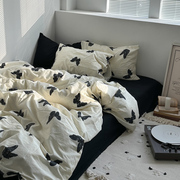 ins简约黑色蝴蝶纯棉床上四件套，全棉床单床笠被单被罩床品三件套