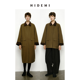 hidemi小男孩系列灯芯绒拼接工装，口袋式军，绿色风衣外套