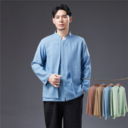 新中式外套男春秋季棉麻立领，上衣男衬衣宽松长袖，开衫复古汉服禅意