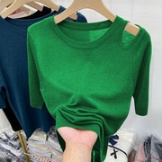 绿色镂空短袖露肩圆领t恤女夏季冰丝针织设计感小众打底衫上衣潮
