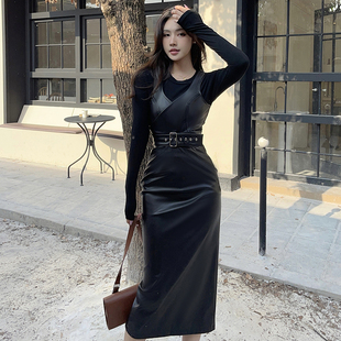 GirlsAt18 辣妹pu皮裙套装女秋冬性感黑色裙子设计感半身裙三件套
