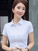 短袖白色条纹衬衫女2024夏季纯棉暗扣，修身显瘦气质职业工作服