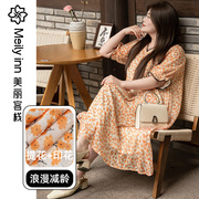 美丽客栈落英缤纷大码连衣裙夏季新款浪漫印花蕾丝花边胖MM连衣裙