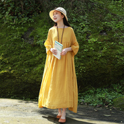 夏季圆领宽松苎麻连衣裙简约休闲度假出游长裙，飘逸黄色气质高腰裙