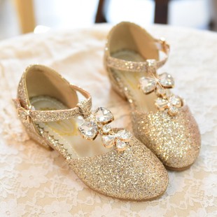 迪士尼贝儿公主鞋儿童高跟鞋金黄色，闪钻单鞋小孩演女童礼仪鞋