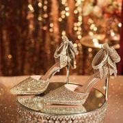 1088d-012防水台格利特蝴蝶结，珍珠链高跟鞋，婚礼宴会礼服婚鞋女鞋