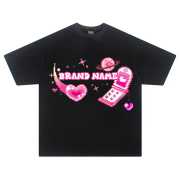 Cartoon Pink Phone 美式潮牌趣味爱心印花小众宽松情侣短袖T恤
