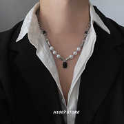 珍珠黑宝石钛钢项链男款小众设计感高级锁骨链毛衣链男生潮流