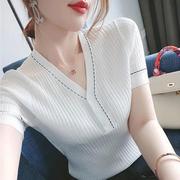 冰丝V领短袖t恤女夏韩版百搭修身显瘦纽扣拼接针织衫上衣薄款