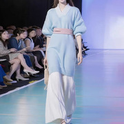 新中式国风女装蓝色软糯针织毛衣春秋装连衣裙两件套装