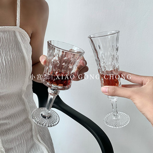 小众复古ins风钻石，浮雕高脚杯高颜值玻璃杯，香槟杯红酒杯法式杯子