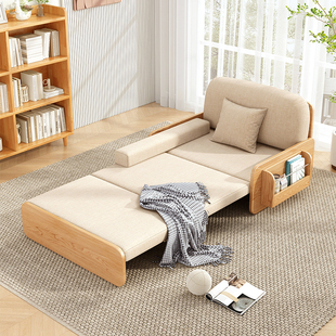 实木沙发床折叠两用2023双人小户型客厅多功能，伸缩单人床轻奢