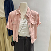粉色牛仔衬衫外套女宽松短袖，翻领休闲韩版夹克设计感小众短款上衣