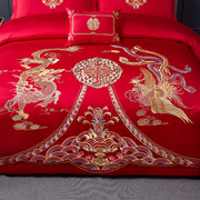 婚庆结婚床上用品四件套大红色中式龙凤刺绣床单被罩长绒棉六件套