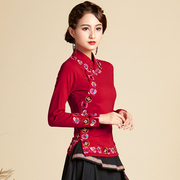 民族风秋冬女装中式打底衫中国风古典唐装t恤复古刺绣女上衣