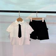 男童短袖衬衣裤两件套儿套白色衬衫纯棉装夏季宝宝黑HKZ童色子学