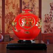 漆线雕陶瓷器天地方圆中国红花瓶镶金箔 结婚家居工艺品
