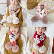 儿童交叉脖套秋冬韩版1-8岁男女宝宝围巾针织，围脖兔子大毛球