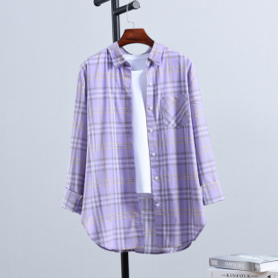香芋紫衬衫女复古港味2024夏季韩版长袖，宽松薄款格子防晒外套