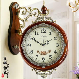欧式客厅挂钟双面时尚实木两面，艺术静音时钟钟表家用创意个性挂表