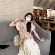 夏季女韩系短袖圆领，蕾丝拼接衬衫小个子，小衫泡泡袖娃娃衫