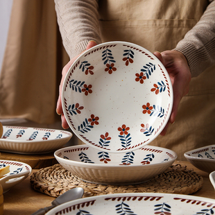 日式盘子深盘高级感家用汤碗，碗碟陶瓷碗复古菜盘饭碗圆盘方盘餐具