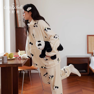 a类 外穿法兰绒睡衣女冬季可爱熊猫加厚保暖长袖珊瑚绒家居服套装