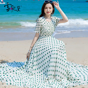 夏季绿色波点雪纺连衣裙，女长款到脚踝海边度假气质，显瘦超长大摆裙