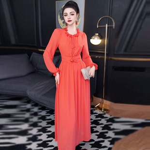 春夏季高端设计感木耳边雪纺中长裙优雅气质橘红色连衣裙显瘦
