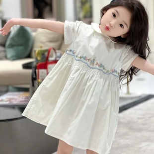 中式风刺绣彼得兔连衣裙纯棉，白色大摆裙女童公主裙长裙子圆领短袖