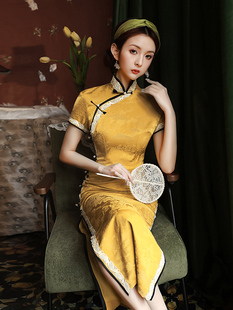 黄色旗袍改良复古中国风高级感长款送考旗袍民国老上海连衣裙