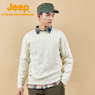 jeep吉普经典圆领羊毛衫秋季字母，印花针织毛衣，落肩休闲上衣男