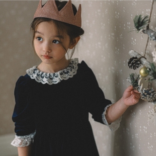 110-145韩系高端女童藏青色金丝绒蕾丝领袖口礼服裙连衣裙
