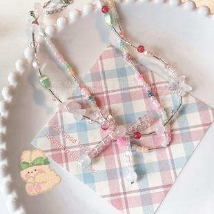 （送一）夏季水晶串珠蝴蝶结花朵项链 小众设计少女双层颈链