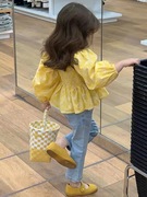 女童纯棉碎花衬衫棉，2023春季韩版儿童泡泡，袖长袖黄色上衣洋气