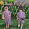 男女童紫色亲子家条纹套装兄妹装2024夏款儿童连衣裙宝宝两件套