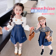 韩版童装2023春季女童气质灯笼袖衬衫蝴蝶结牛仔背带裙套装