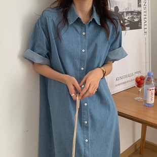 韩国chic夏季小众复古翻领，单排扣宽松卷边短袖牛仔衬衫式连衣裙女
