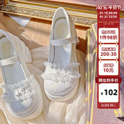 pinkyo原创白色蕾丝蝴蝶结高跟鞋，女2023秋冬松糕，厚底玛丽珍单鞋