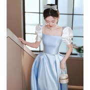 缎面泡泡袖晚礼服裙2023夏季蓝色气质成人礼法式设计毕业礼服