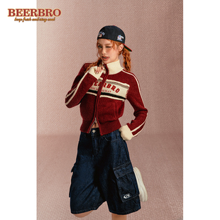 BeerBro 美式复古开衫针织外套女秋冬撞色提花条纹慵懒风毛衣红色