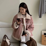 粉色仿麂皮绒羊羔毛短外套女冬季韩版宽松加厚设计感羊羔绒