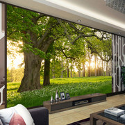 无缝5d自然风景绿色森林壁画8d电视背景墙纸，客厅沙发影视墙布大树