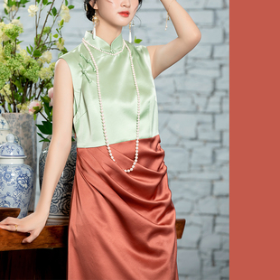 xyy547版型超美立领中式遮肉堆堆设计复古无袖旗袍国风礼服裙春夏