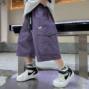 大男童紫色工装短裤夏季薄款2024儿童夏装韩版七分裤宽松中裤